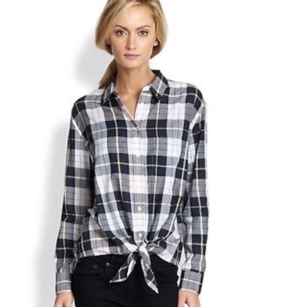 Equipment Femme Daddy Tie Front Plaid Top Womens Medium Navy Cotton Preppy Shirt